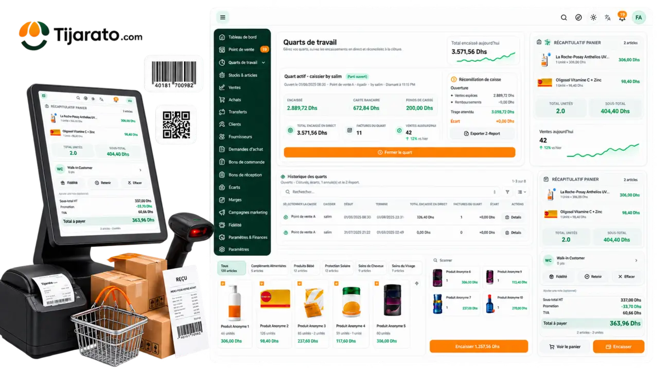 Interface Tijarato - caisse et tableau de bord